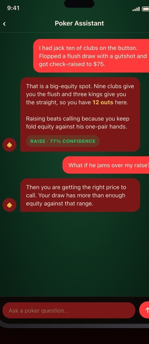 An AI coach answering a question in Poker Hands Coach