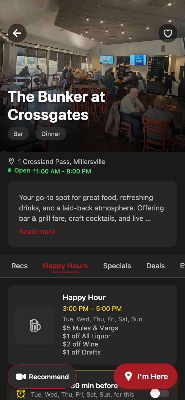 Restaurant detail with check-in