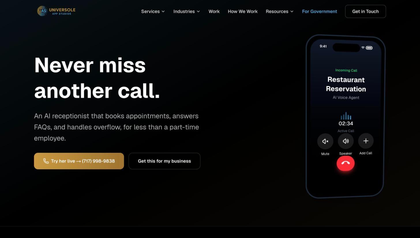 Universole AI receptionist page with a live demo line
