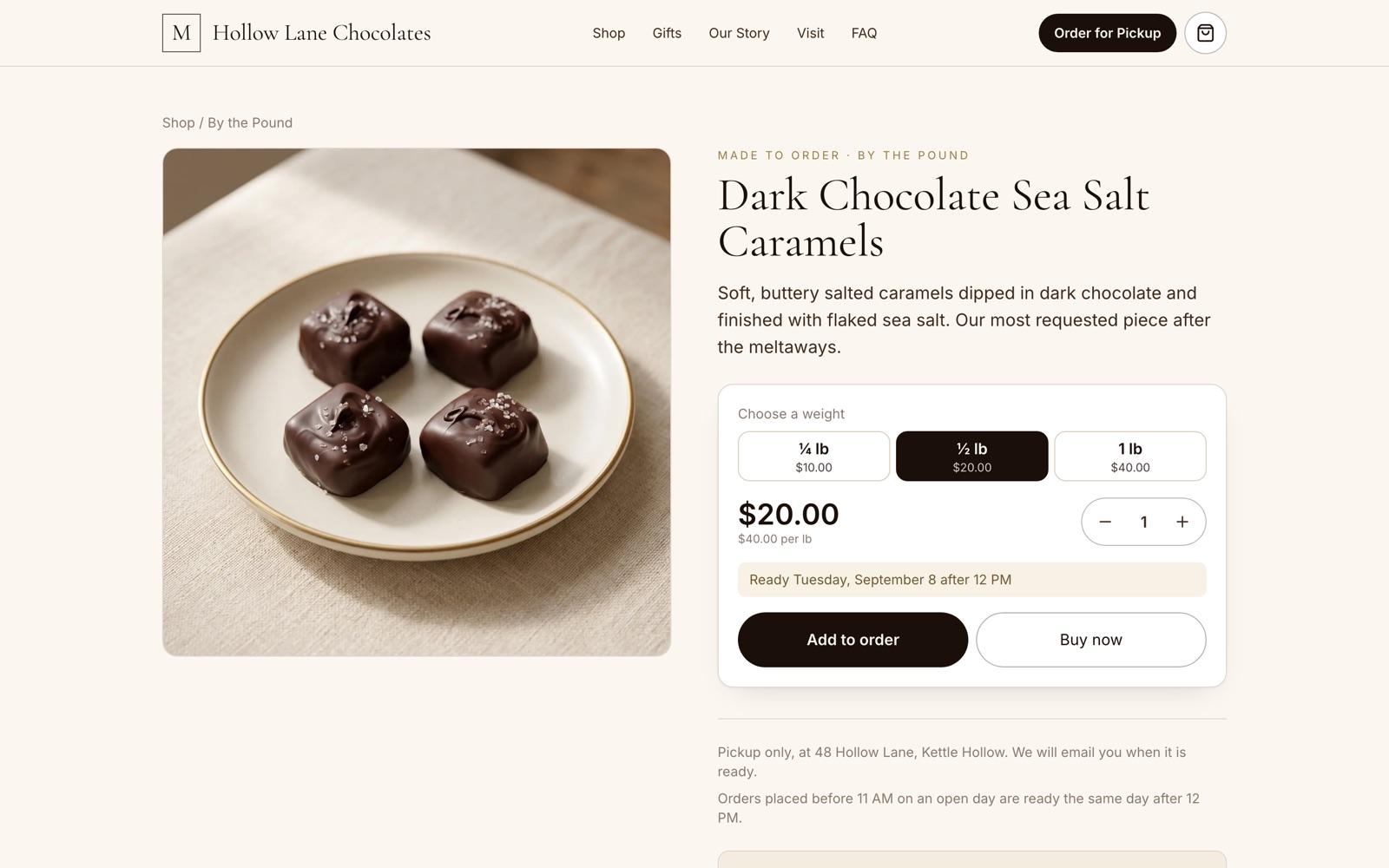 Counter ordering screen: pick a weight, quantity, ready date, add to order