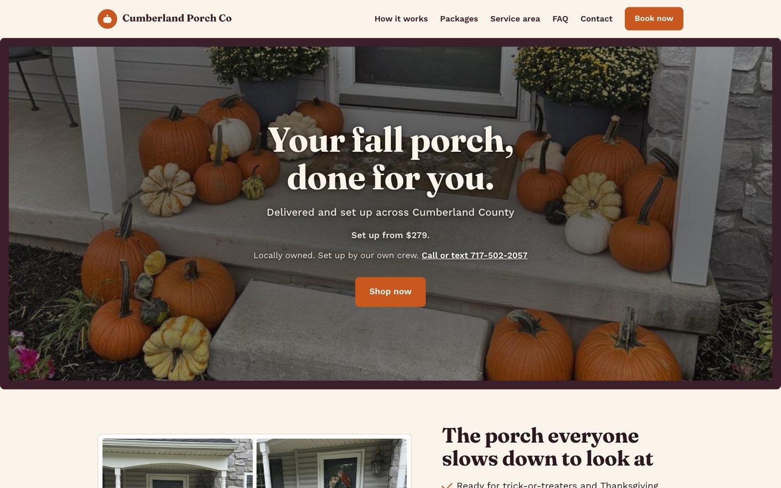 Cumberland Porch Co home page: a decorated porch with the booking call to action