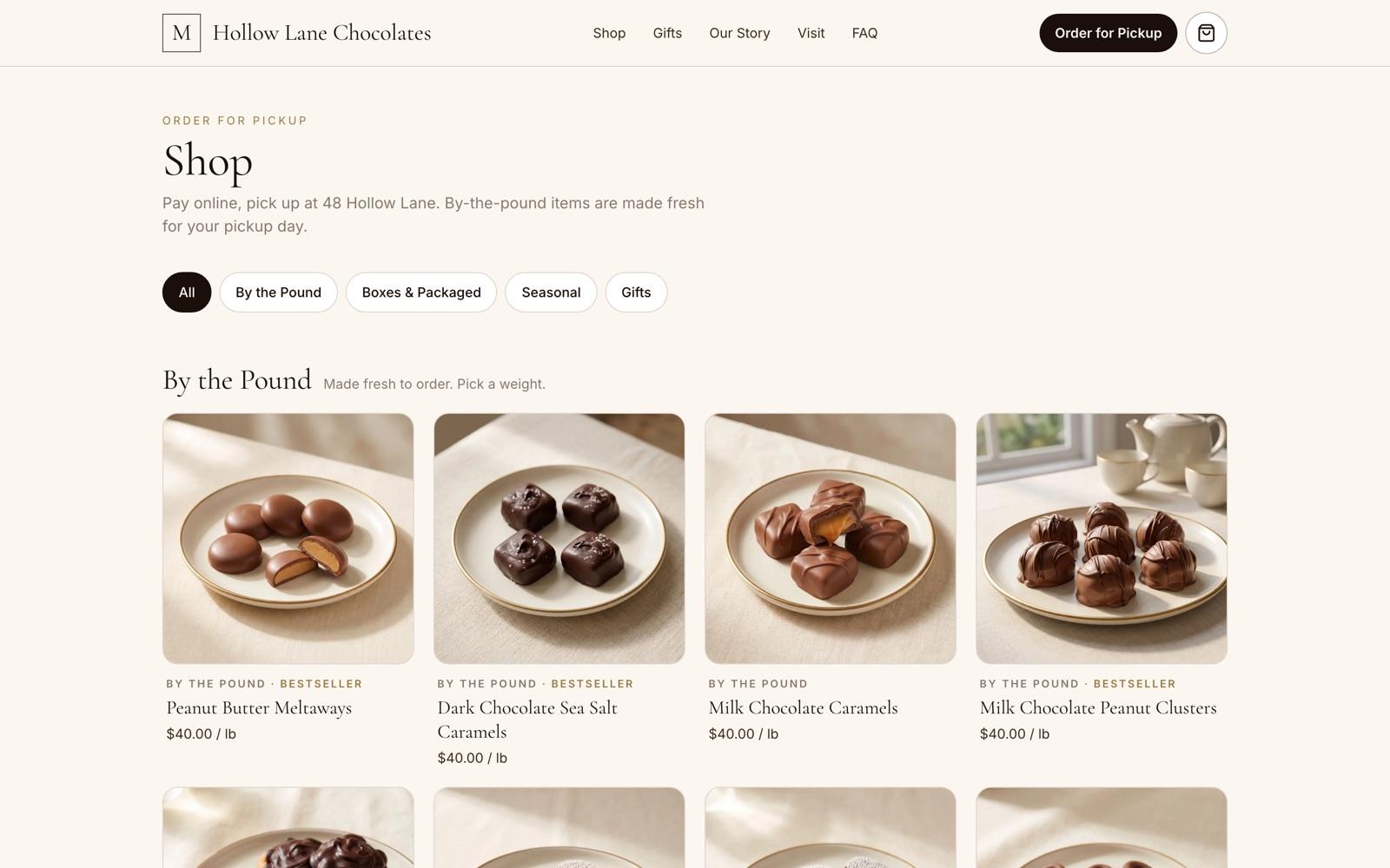 Shop page, by the pound and boxed
