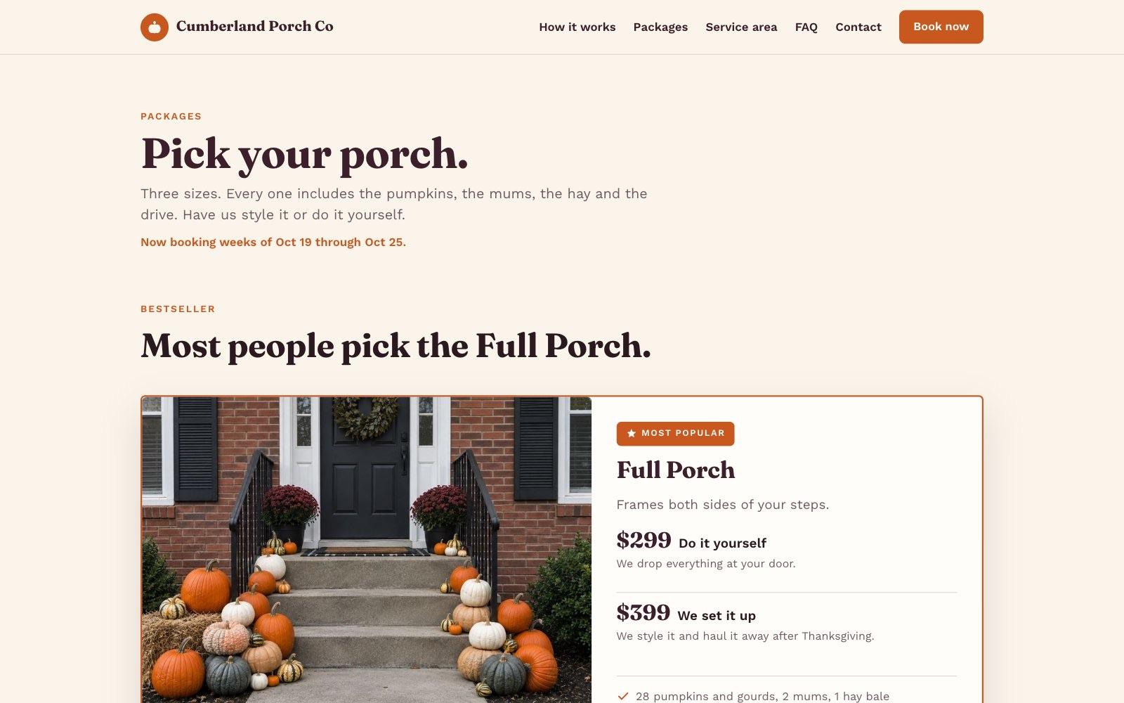 The packages page: three tiers side by side